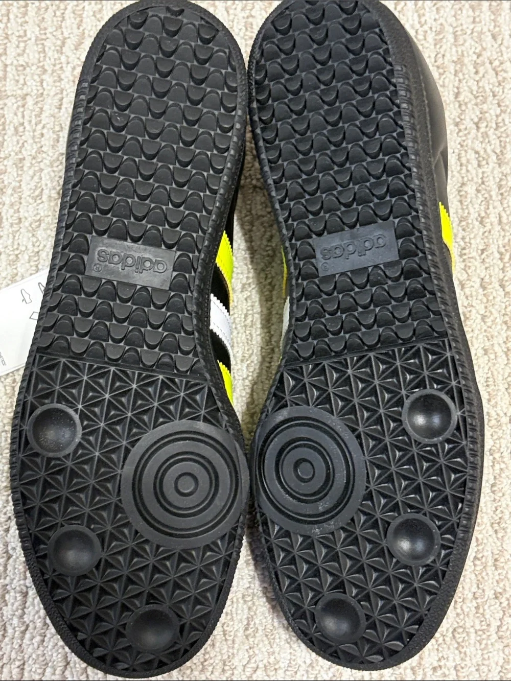 ADIDAS Samba Leather Sneakers in Black w/ Solar Yellow & White Stripes NWT